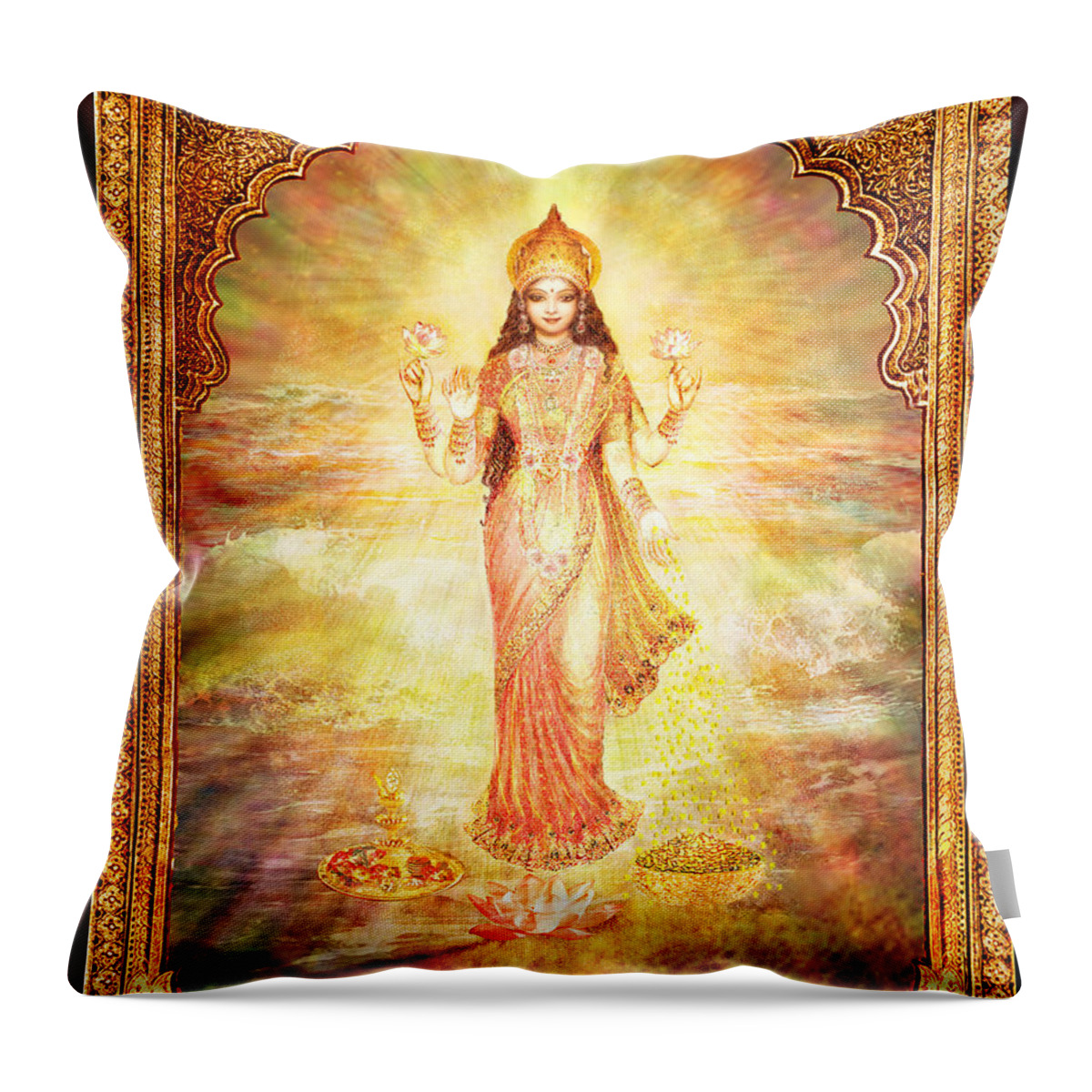 Goddess Painting Throw Pillow featuring the mixed media Lakshmi the Goddess of Fortune and Abundance by Ananda Vdovic