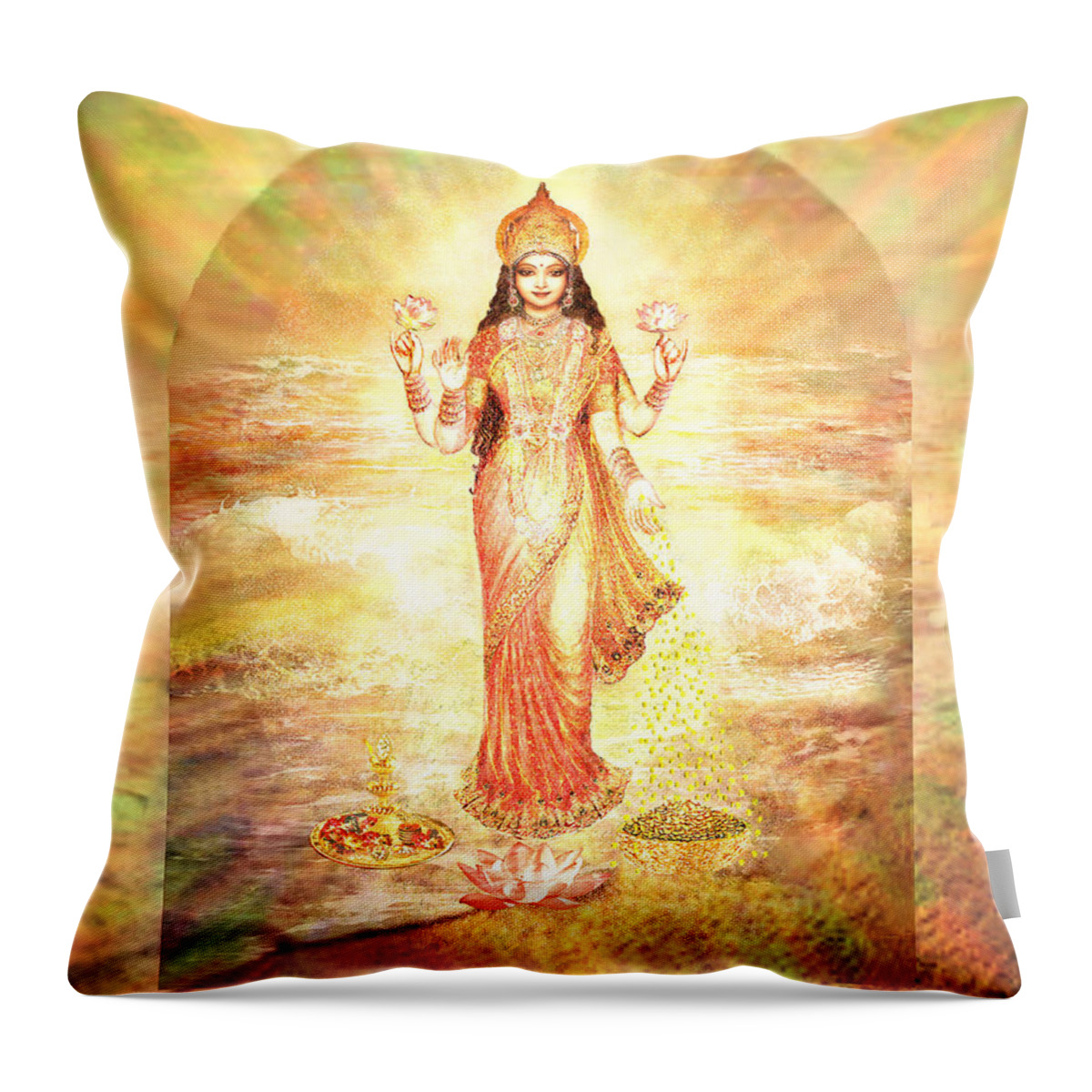 Goddess Throw Pillow featuring the mixed media Lakshmis Birth from the Milk Ocean by Ananda Vdovic