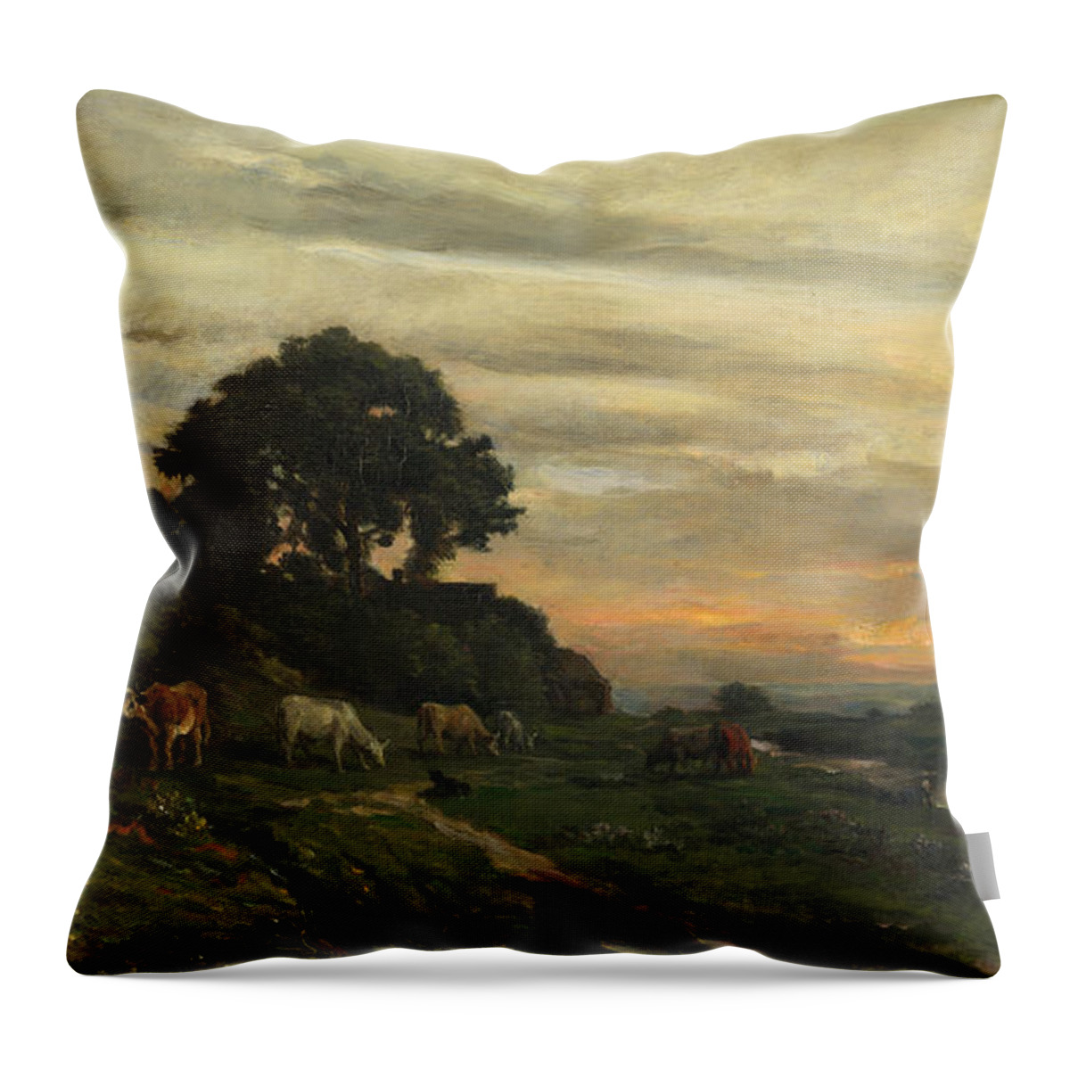 Charles-francois Daubigny Throw Pillow featuring the painting Landscape with Cattle by a Stream by Charles-Francois Daubigny