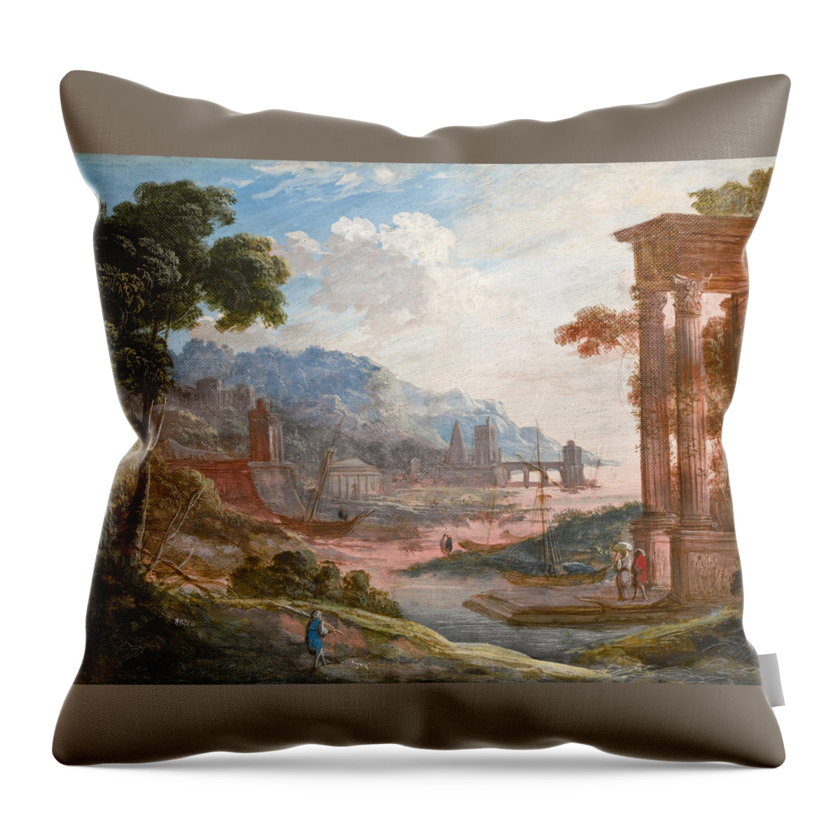 Pierre-antoine Patel Throw Pillow featuring the painting Landscape with Classical Ruins with Boats drawn up to the Shore by Pierre-Antoine Patel