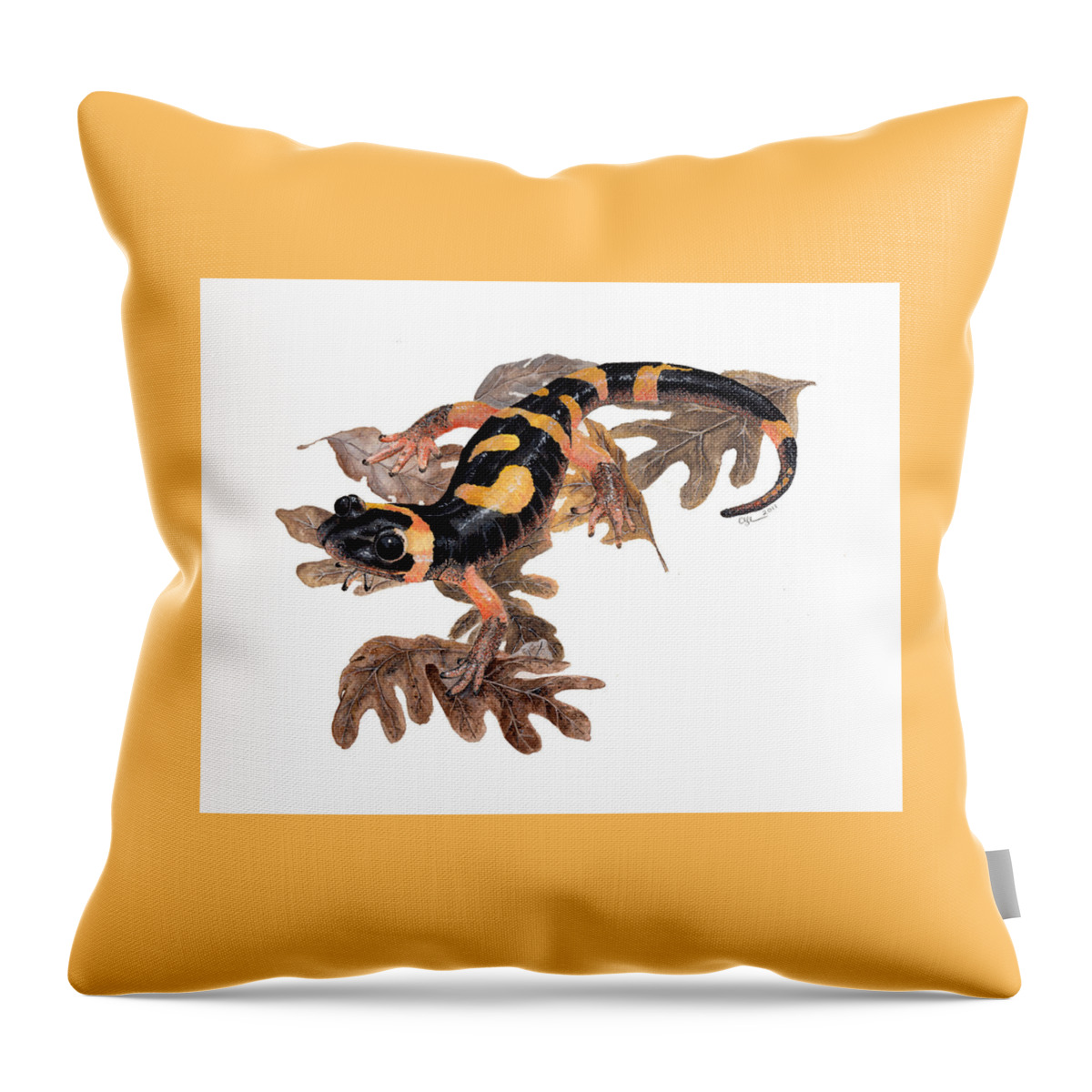 Salamander Throw Pillow featuring the painting Large blotched salamander on oak leaves by Cindy Hitchcock