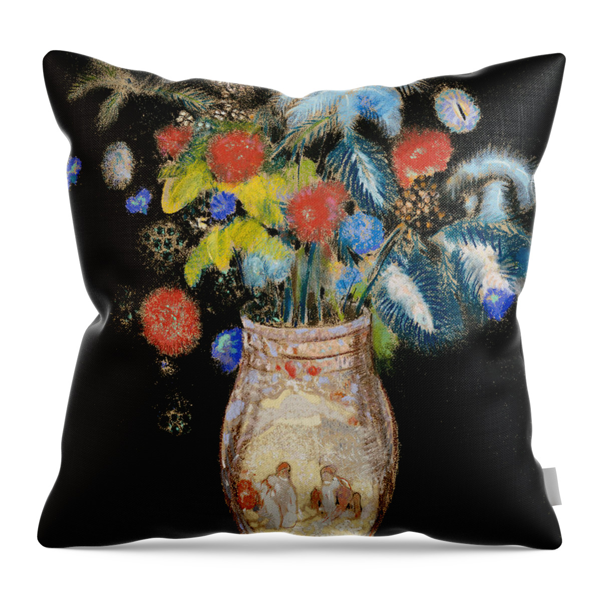 Still Life; Flower; Vase Throw Pillow featuring the painting Large Bouquet on a Black Background by Odilon Redon