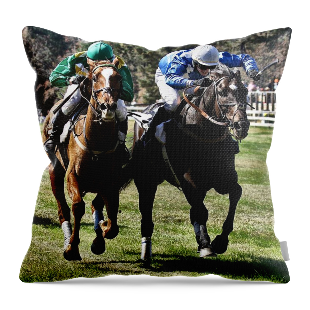 Steeplechase Throw Pillow featuring the photograph Last one to the finish line is a rotten egg by Robert L Jackson