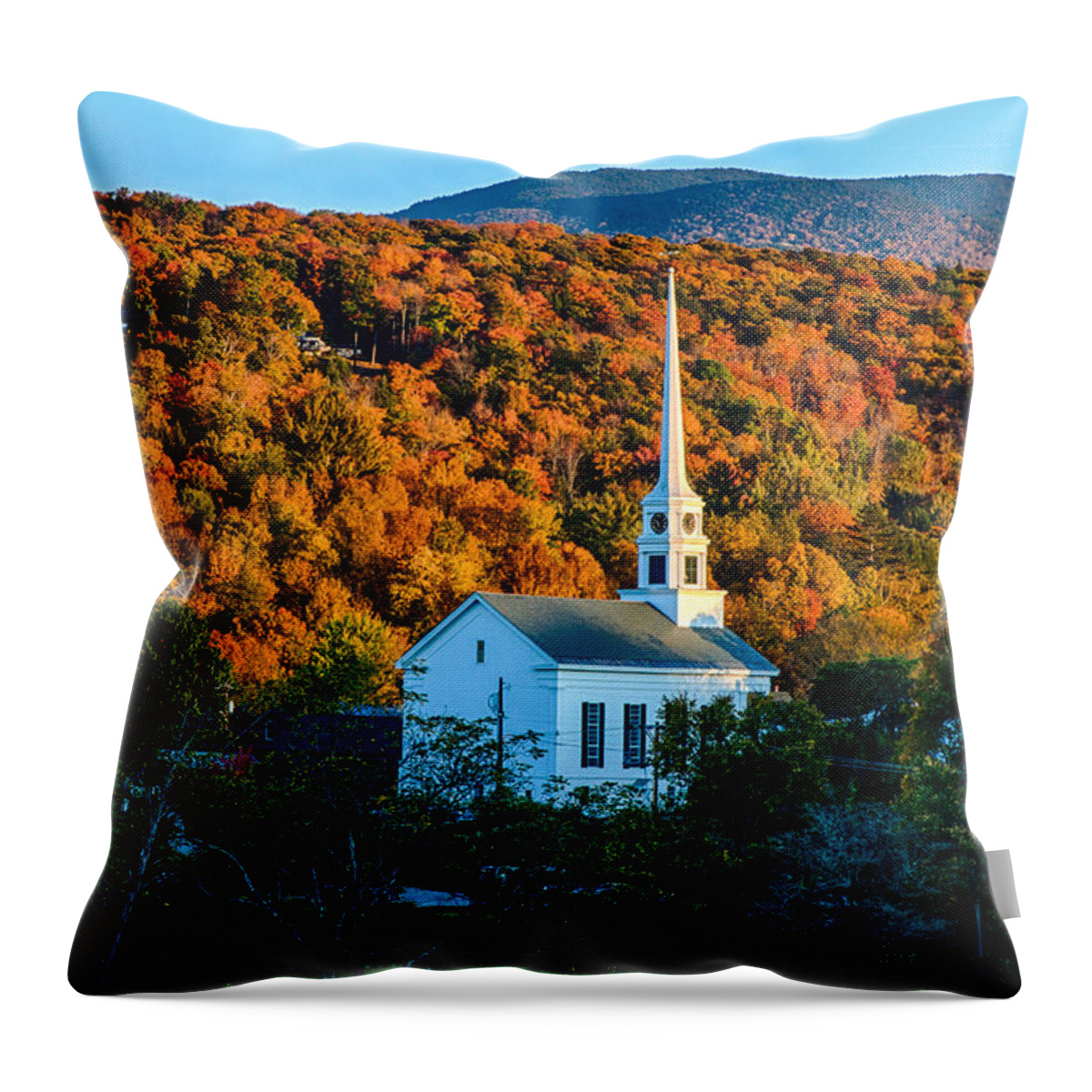 Autumn Foliage New England Throw Pillow featuring the photograph Last rays of autumn sun on Stowe Church by Jeff Folger