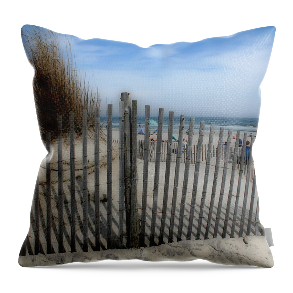 Landscapes Beach Art Sand Art Fence Wood Sky Blue Summertime Ocean Throw Pillow featuring the photograph Last summer by Linda Sannuti