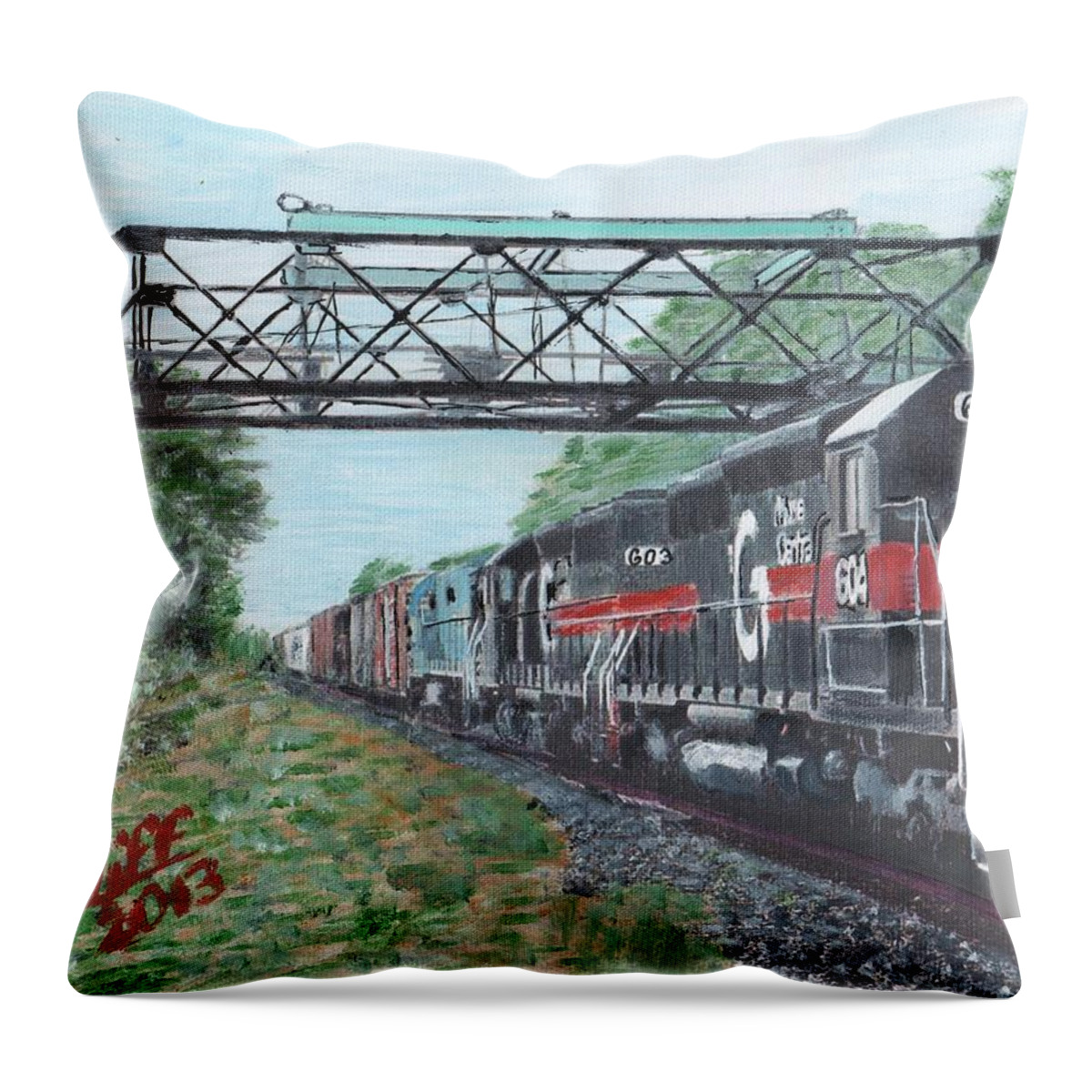 Trains Throw Pillow featuring the painting Last Train Under the Bridge by Cliff Wilson