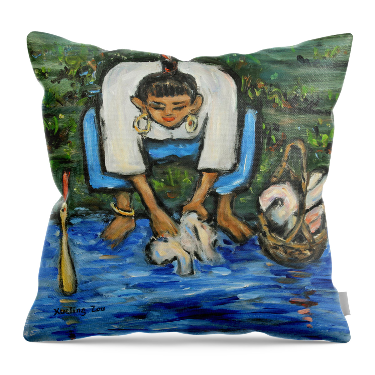 Figurative Throw Pillow featuring the painting Laundry Girl by Xueling Zou