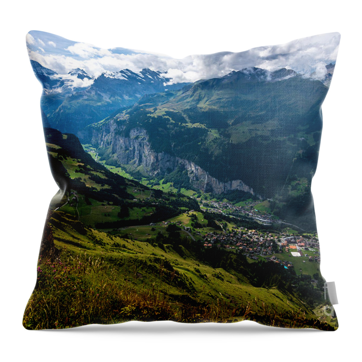 Lauterbrunnen Throw Pillow featuring the photograph Lauterbrunnen Aerial - Bernese Alps - Switzerland by Gary Whitton