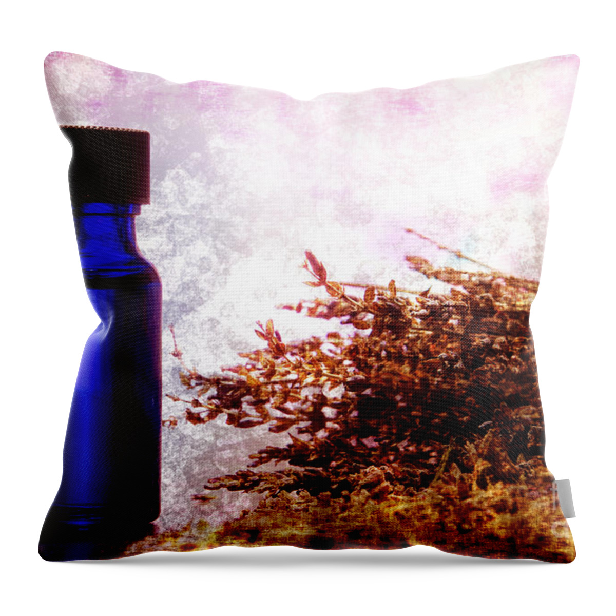 Aromatherapy Throw Pillow featuring the photograph Lavender Essential Oil Bottle by Olivier Le Queinec