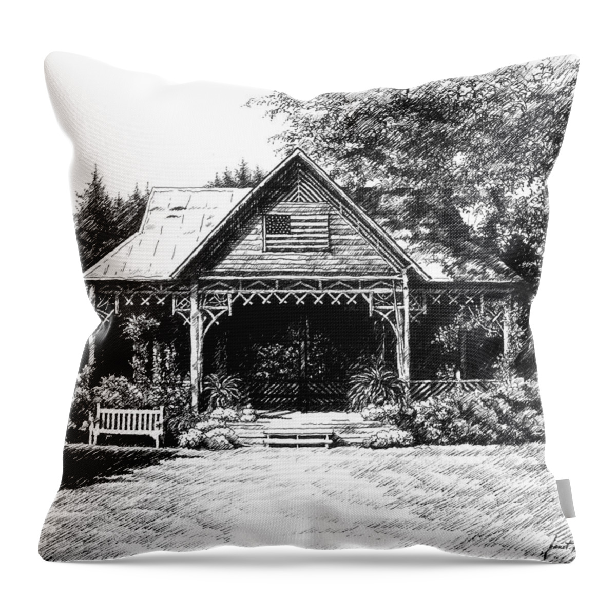 Pen And Ink Drawing Throw Pillow featuring the drawing Lawn Chair Theater in Leiper's Fork by Janet King