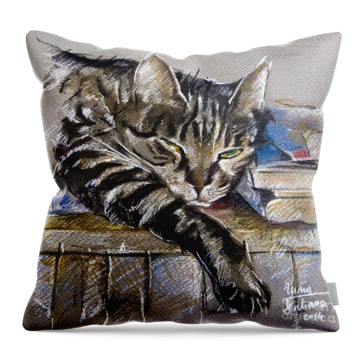 Cat Throw Pillow featuring the drawing Lazy Cat Portrait - Drawing by Daliana Pacuraru