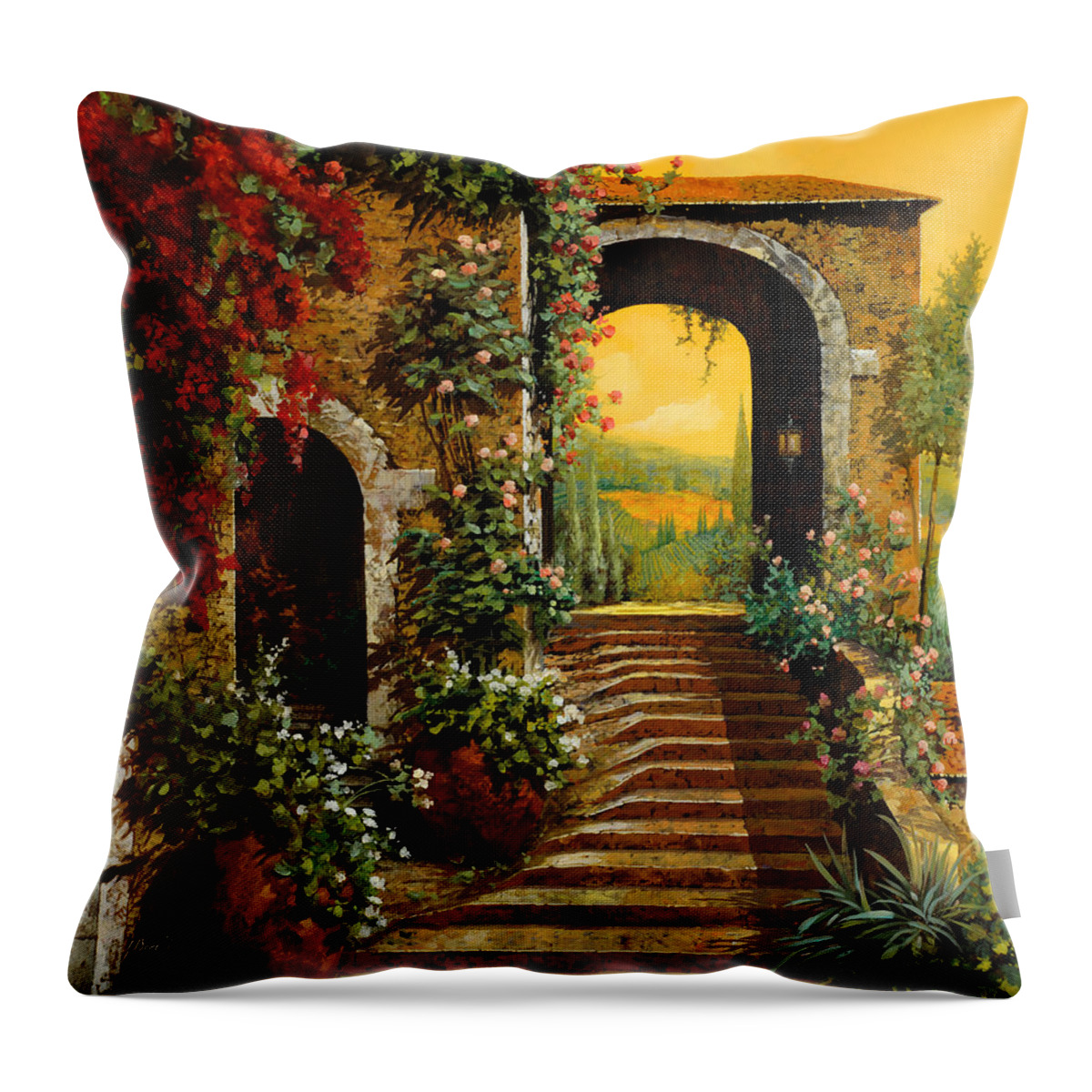 Archlandscapeguido Borelliorange Skytuscanywinevineyardfinr Artoilcanvasyellow Skymade In Italy Throw Pillow featuring the painting Le Scale E Il Cielo Giallo by Guido Borelli
