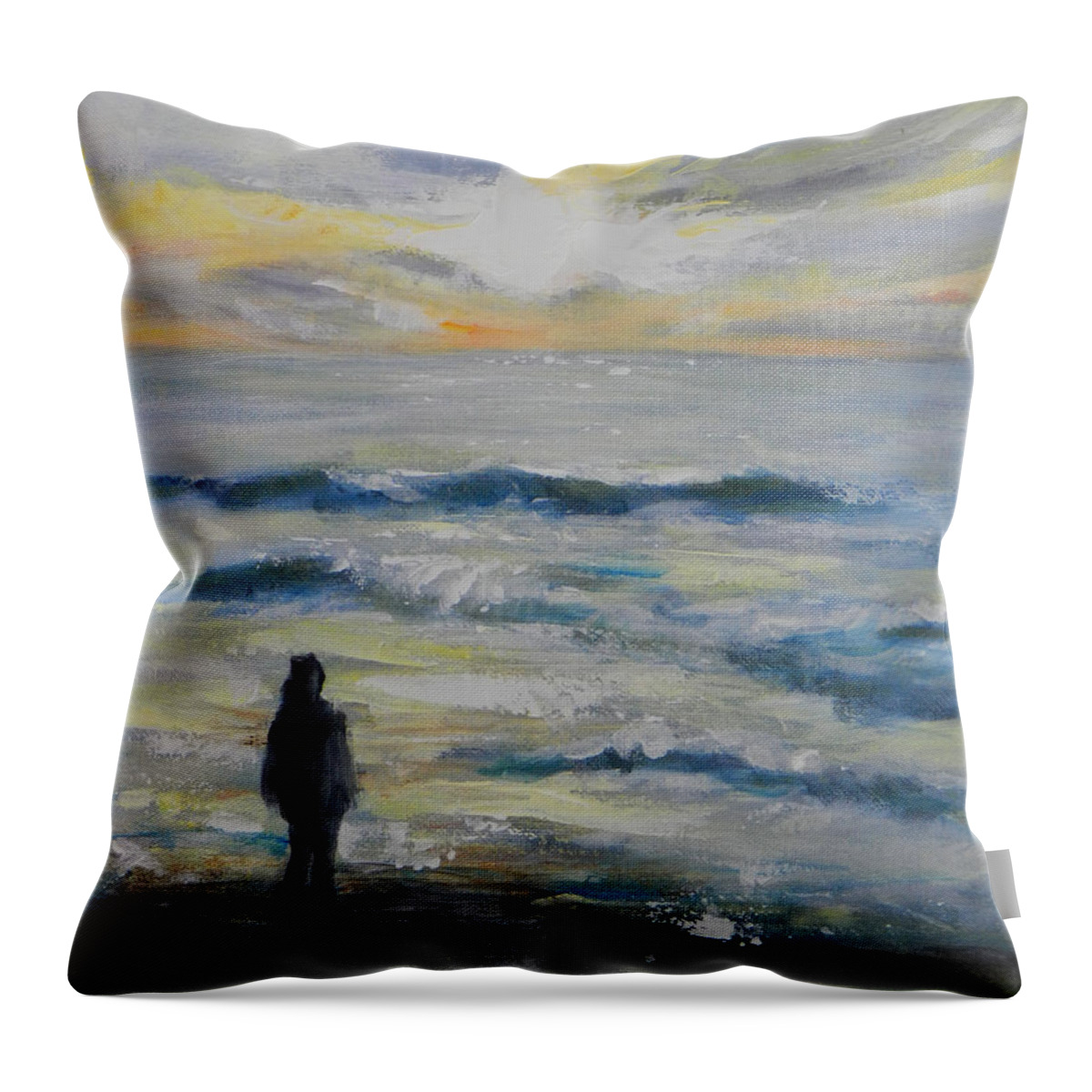 Ocean Throw Pillow featuring the painting Leah making wish at sunset by Deborah Ferree