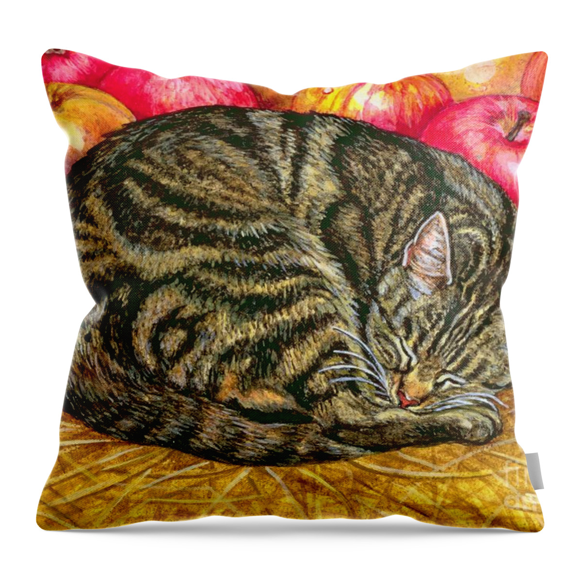 Cat Throw Pillow featuring the painting Left Hand Apple Cat by Ditz