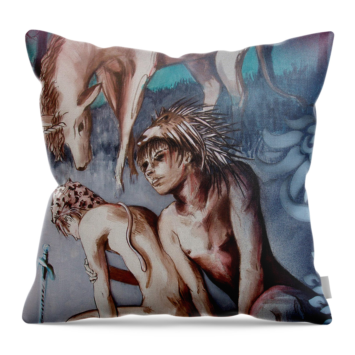 Magic Unicorns Throw Pillow featuring the painting Legend of Hedgehog Boy by Rene Capone