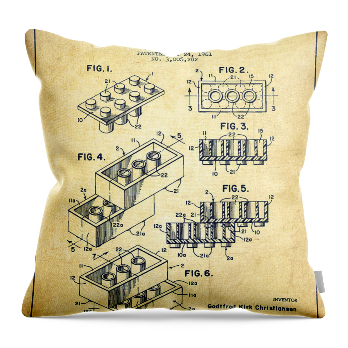 Lego Throw Pillow featuring the digital art Lego Toy Building Brick Patent - Vintage by Aged Pixel