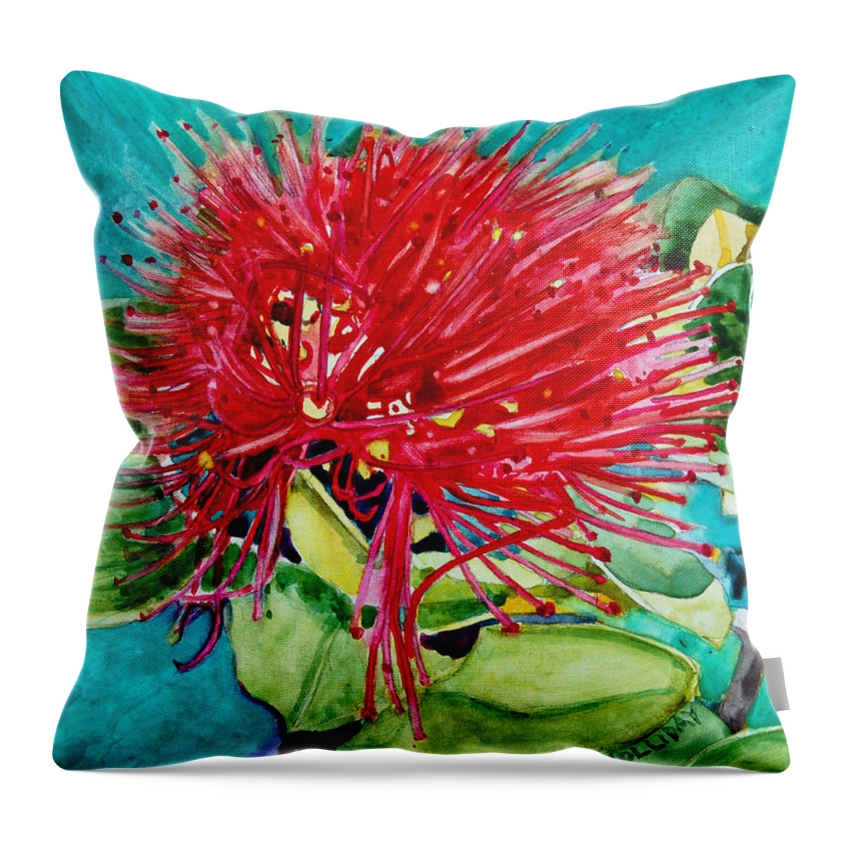 Lehua Blossom Throw Pillow featuring the painting Lehua Blossom by Terry Holliday