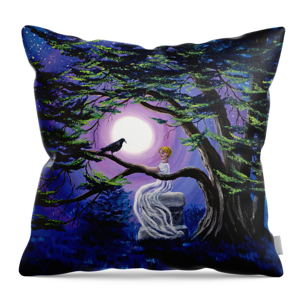 Moon Throw Pillow featuring the painting Lenore by a Cypress Tree by Laura Iverson