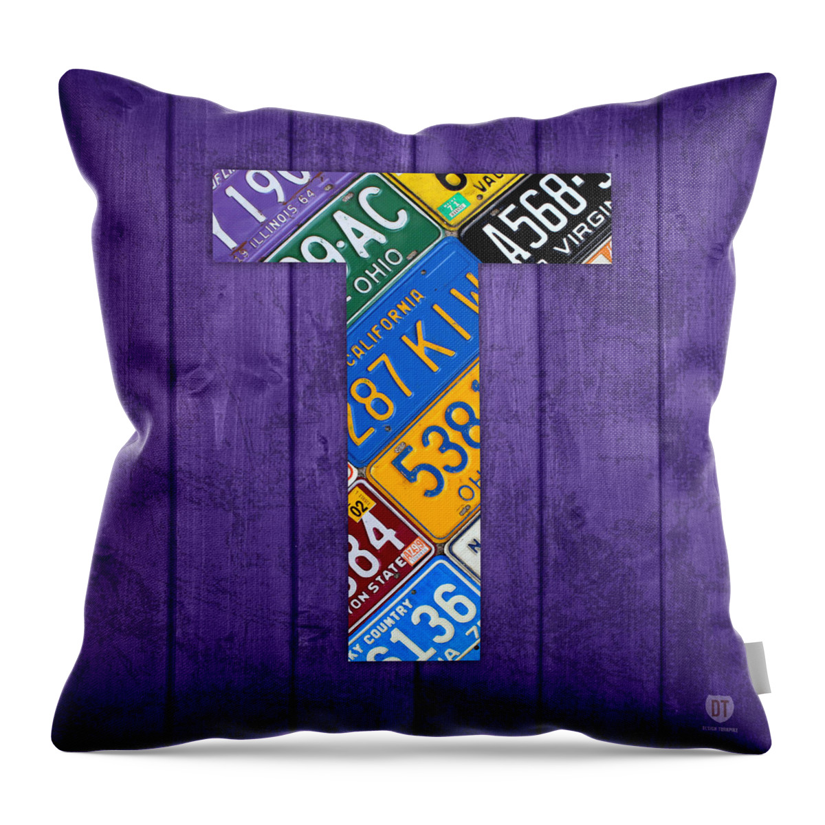 Letter Throw Pillow featuring the mixed media Letter T Alphabet Vintage License Plate Art by Design Turnpike
