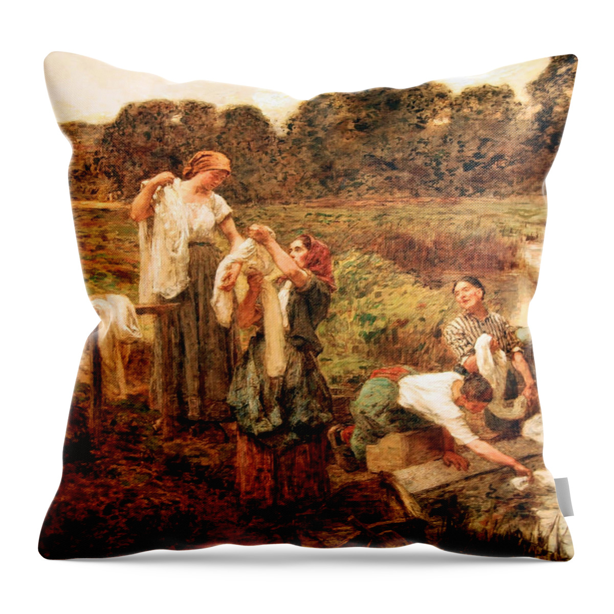 The Washerwomen On The Banks Of The Marne Throw Pillow featuring the photograph Lhermitte's The Washerwomen On The Banks Of The Marne by Cora Wandel