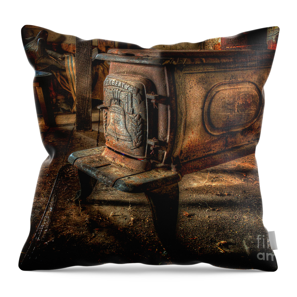 Stove Throw Pillow featuring the photograph Liberty Wood Stove by Lois Bryan
