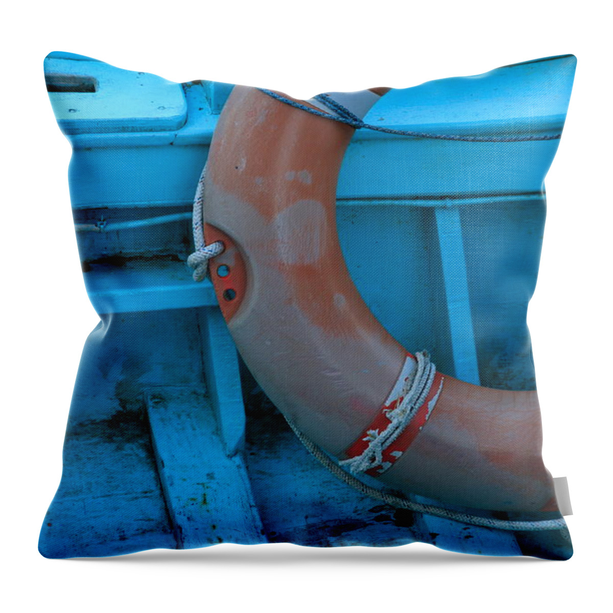 Blue Throw Pillow featuring the photograph Life belt in a skiff by Ulrich Kunst And Bettina Scheidulin