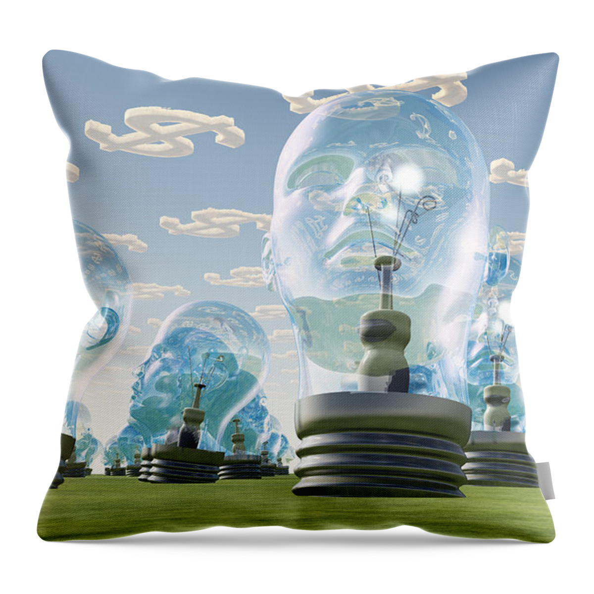 Idea Throw Pillow featuring the digital art Light Bulb heads and dollar symbol clouds by Bruce Rolff