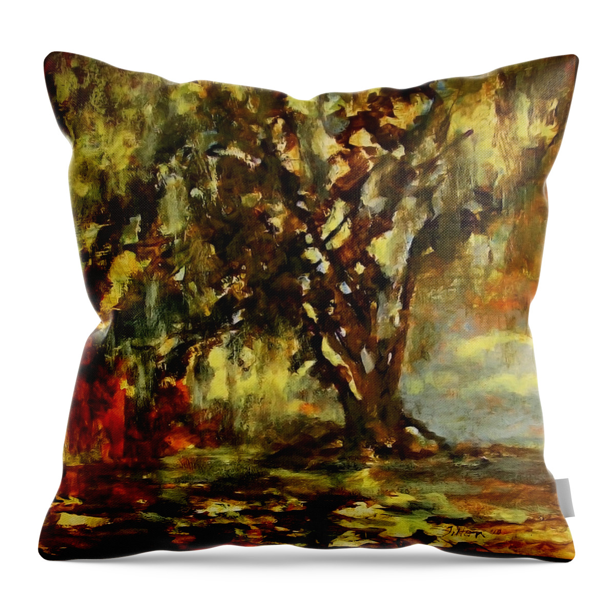 Art Throw Pillow featuring the painting Light through the Moss tree landscape painting by Julianne Felton