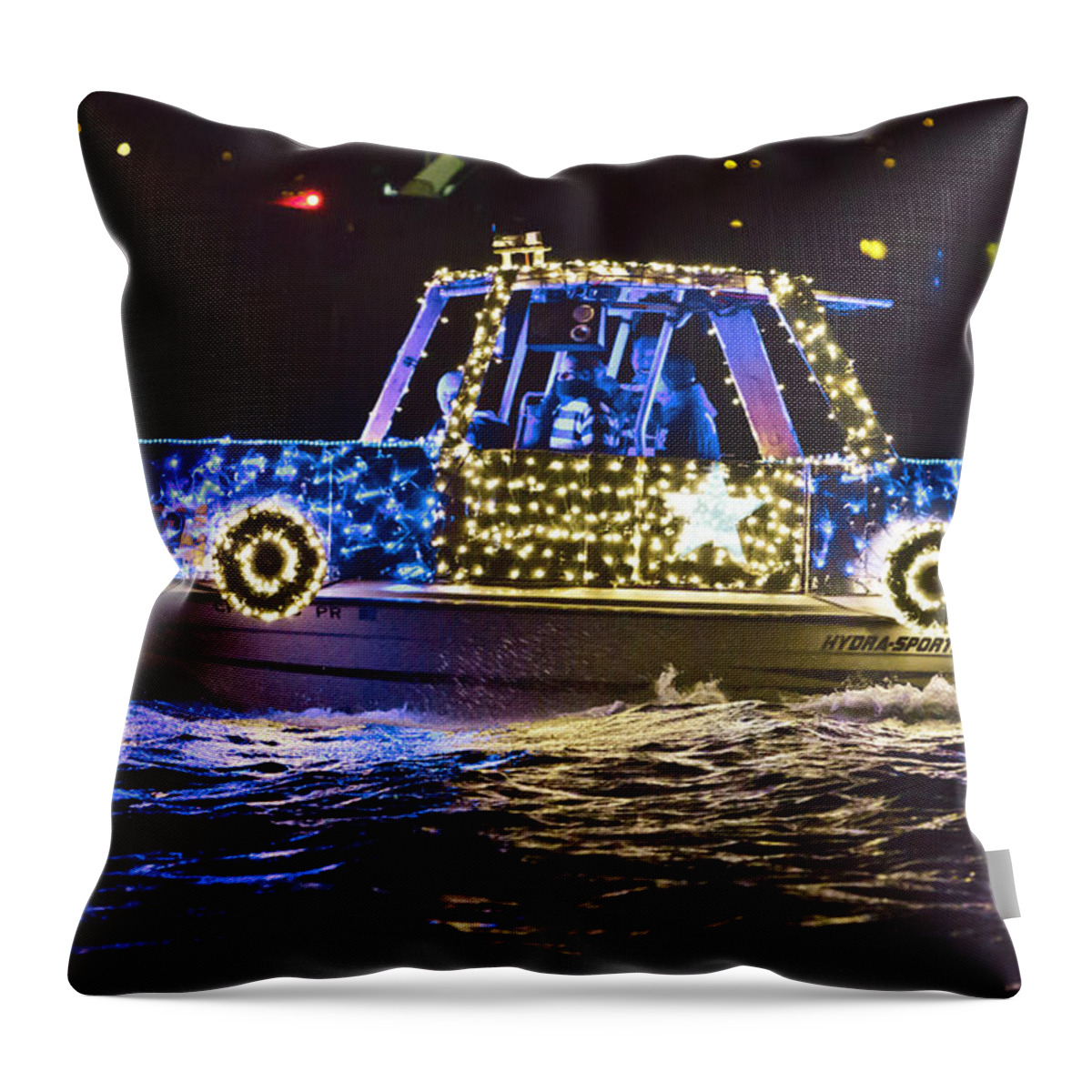 Lighted Yacht Parade Throw Pillow featuring the photograph Lighted Yacht Parade - 2835 by Her Arts Desire
