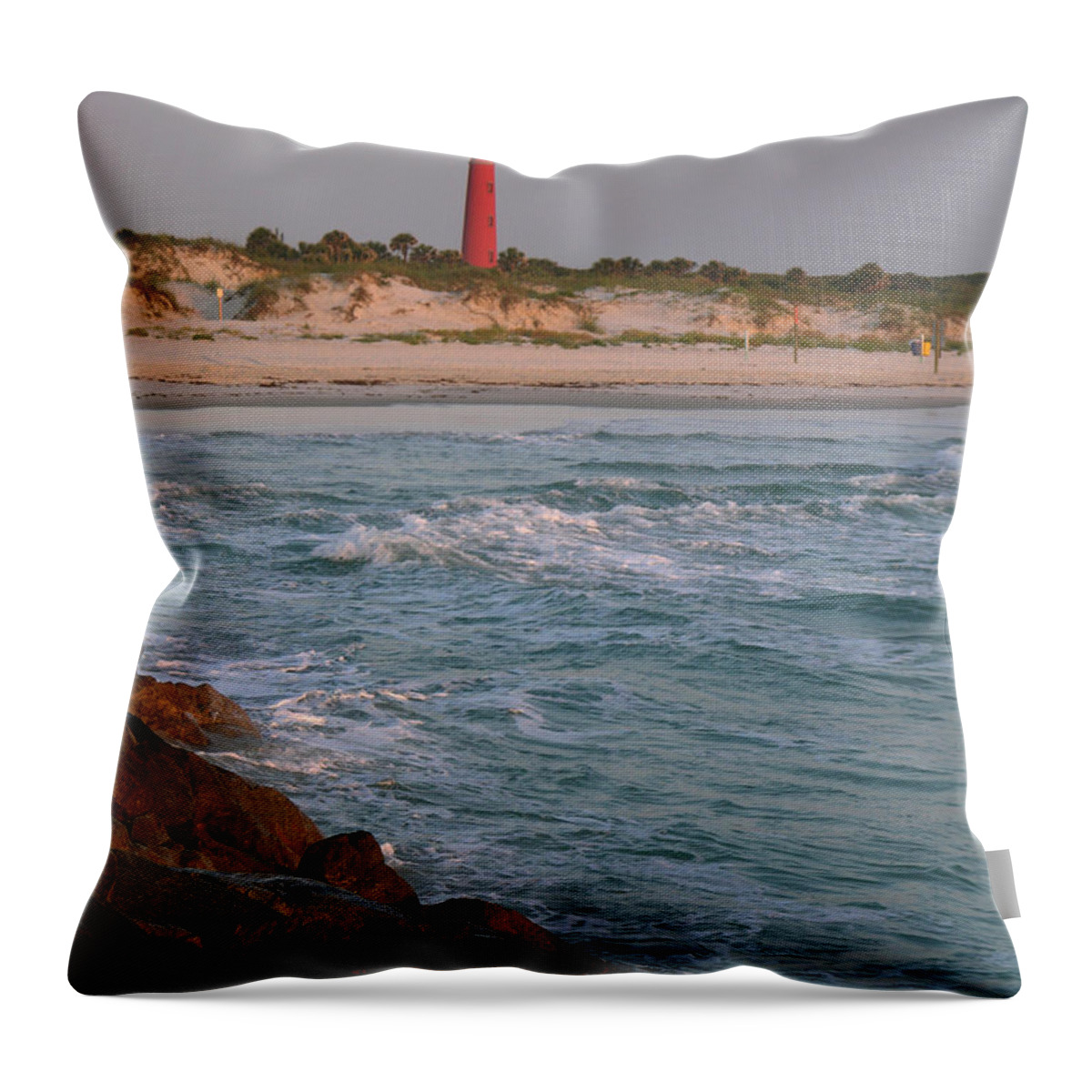 Photographs Of Ponce Inlet Lighthouse Throw Pillow featuring the photograph Lighthouse from the jetty 2 by Julianne Felton