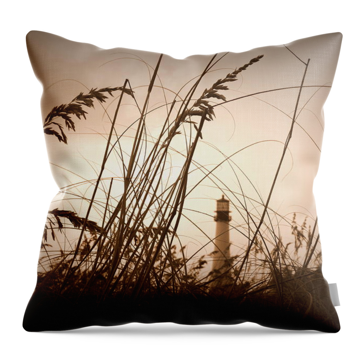 Lighthouse Throw Pillow featuring the photograph Lighthouse in the Distance inn Sepia by Laurie Perry