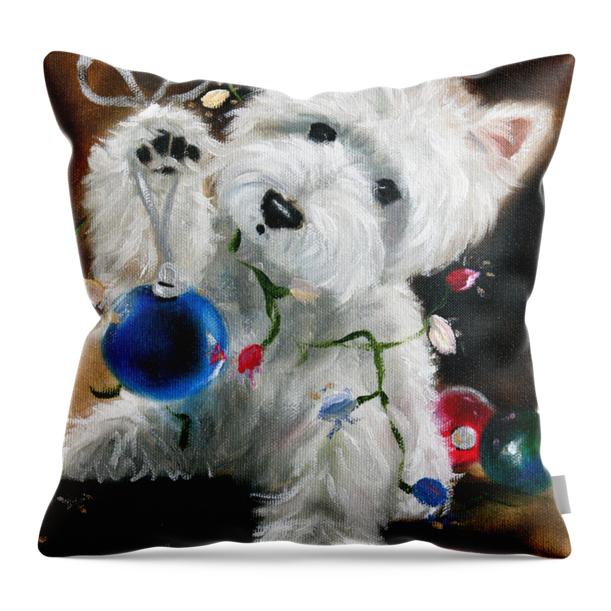 Westie Throw Pillow featuring the painting Lights and Balls by Mary Sparrow