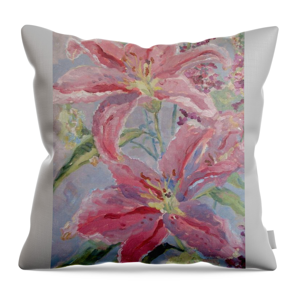 Still Life Of Flowers Throw Pillow featuring the painting Lilies and Carnations by Elinor Fletcher