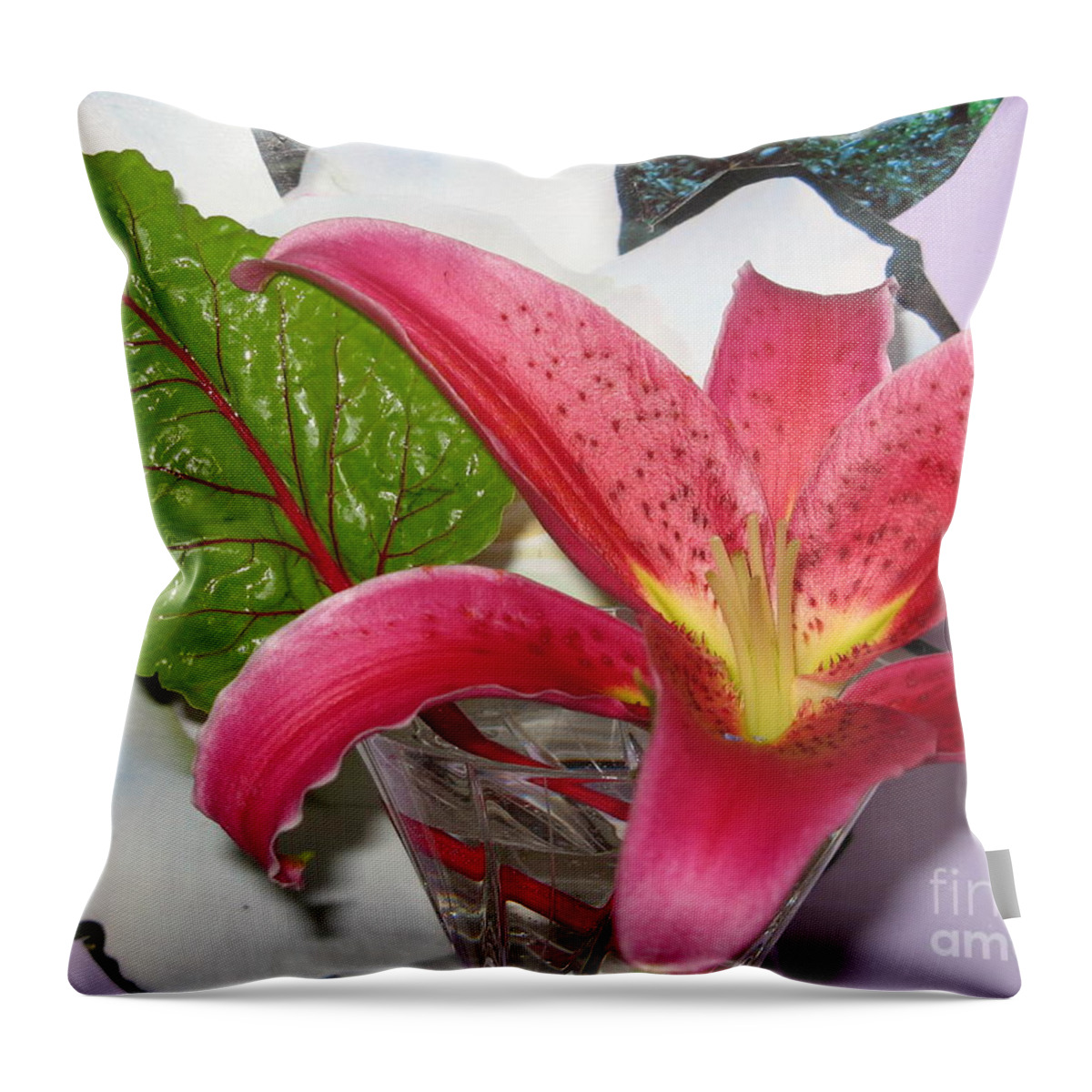 Pink Lily Throw Pillow featuring the photograph Lily and Leaf by Mars Besso