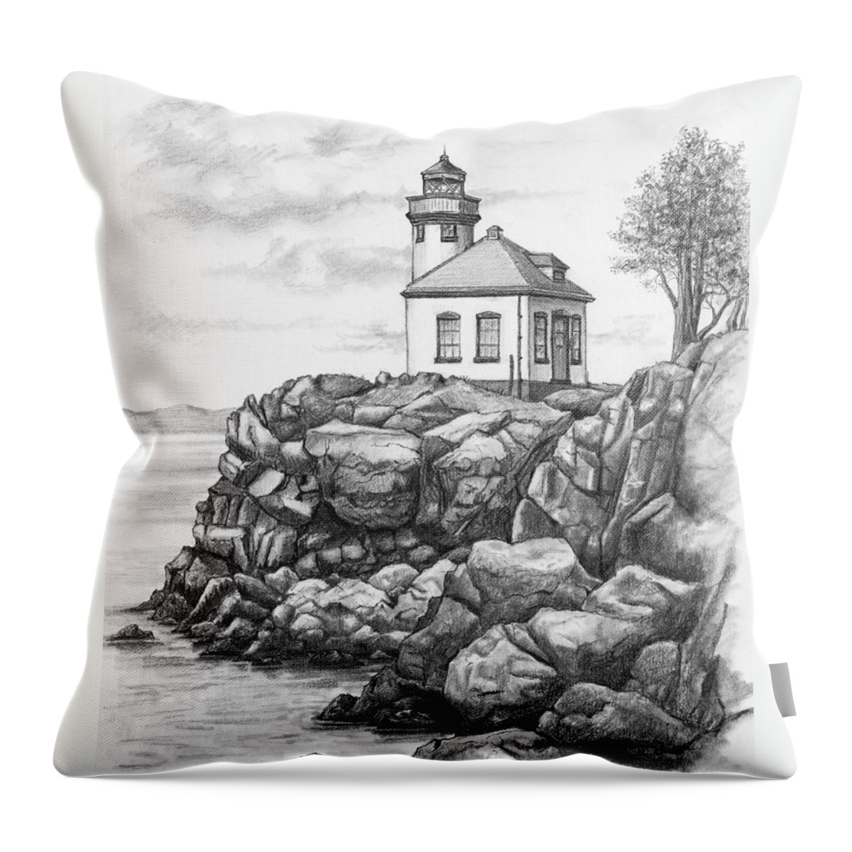 Lime Kiln Lighthouse Throw Pillow featuring the drawing Lime Kiln Lighthouse by Kim Lockman