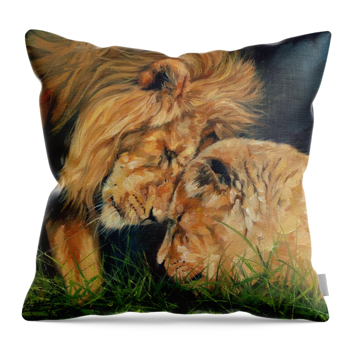 Lion Throw Pillow featuring the painting Lion Love by David Stribbling