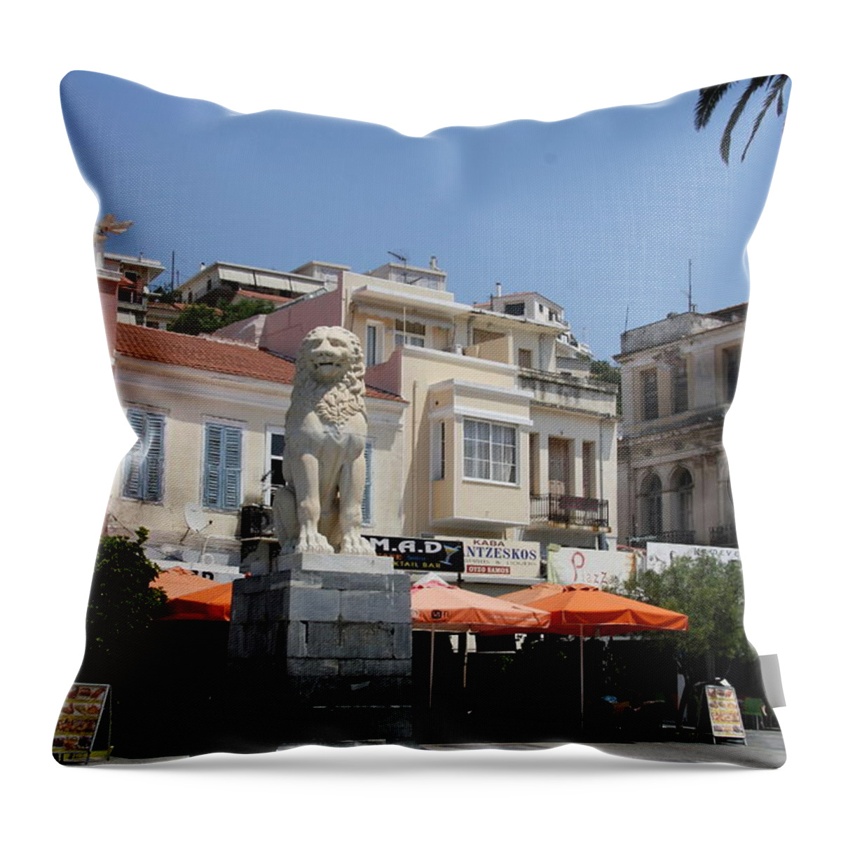 Lion Throw Pillow featuring the photograph Lion Place Of Samos by Christiane Schulze Art And Photography