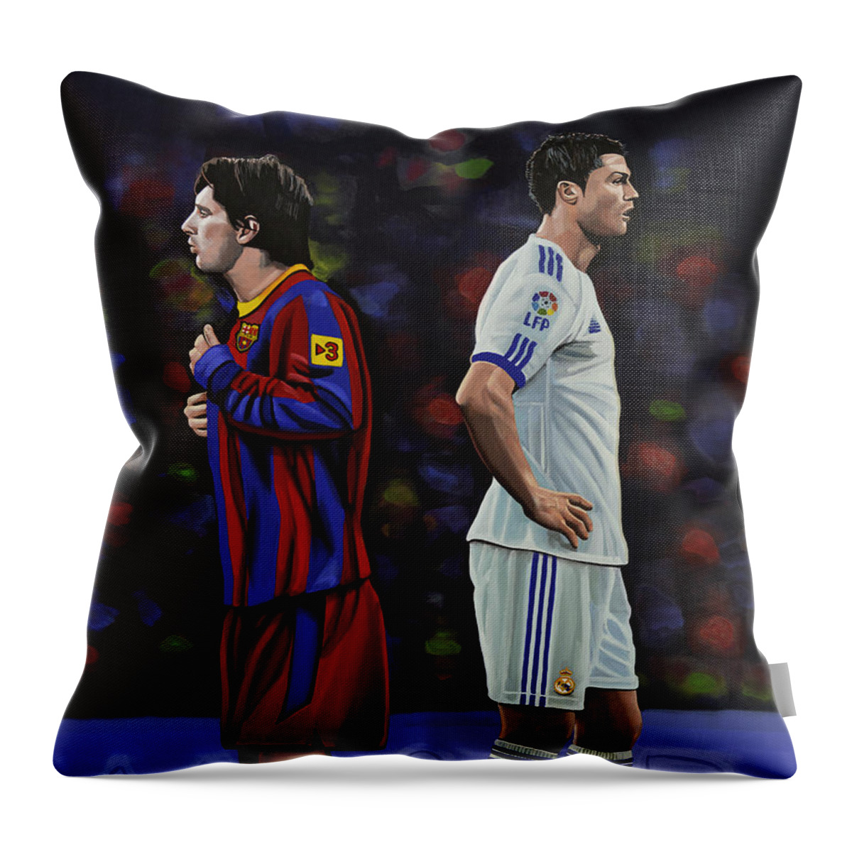 Lionel Messi Cristiano Ronaldo Sport Real Madrid Fc Barcelona Barca Real Manchester United Uefa Champions League Champions Soccer Player Ballon D Or Olympic Games Portugal Portuguese Footballer Famous People Superstar Glamour Icon Idol Hero Paul Meijering Star Realism Portrait Argentina Acrylic Painting Football Stadium Grass Manchester United Forward Work Of Art Fifa World Cup The Classic El Clasico Argentine Footballer Estadio Santiago Berrnabeu Camp Nou Throw Pillow featuring the painting Lionel Messi and Cristiano Ronaldo by Paul Meijering