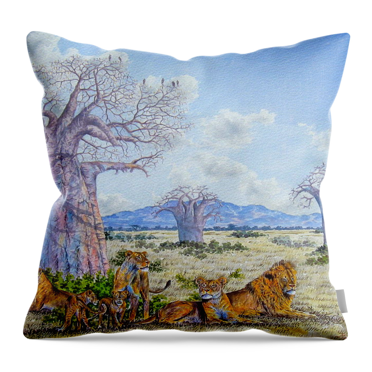 African Paintings Throw Pillow featuring the painting Lions by the Baobab by Joseph Thiongo