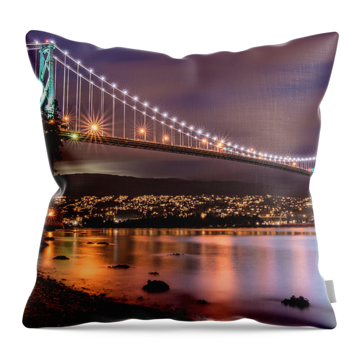 Beautiful Throw Pillow featuring the photograph Lions Gate Bridge at Night by James Wheeler