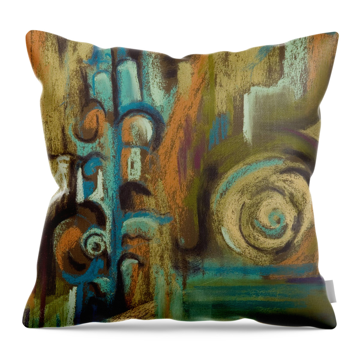 Abstract Muted Colors Turquoise Aqua Gold Orange Olive Spirals Orbs 60's Groovy Mid-century Modern Mad Men Throw Pillow featuring the pastel L'italiano by Brenda Salamone