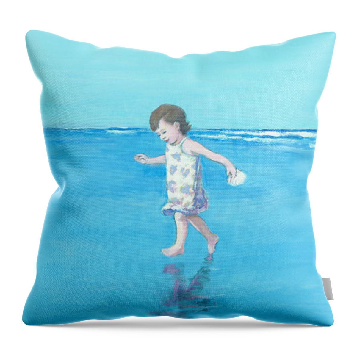 Beach Girl Throw Pillow featuring the painting Little Beach Girl Panorama by J Reifsnyder