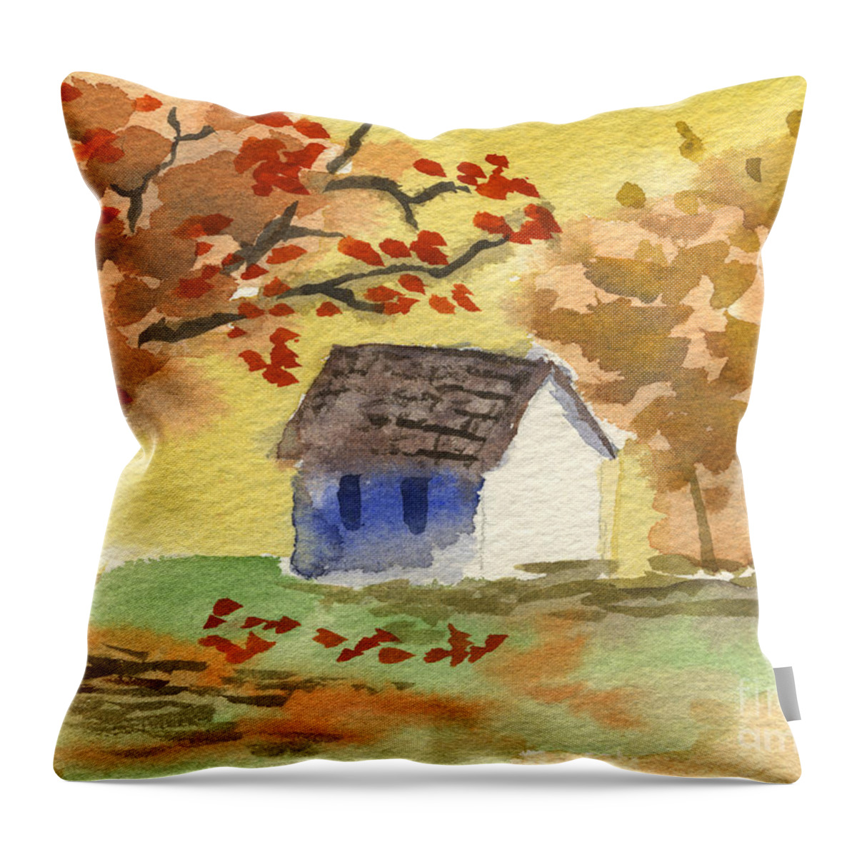 Cottage In Autumn Throw Pillow featuring the painting Little Cottage in Autumn by Beverly Claire Kaiya