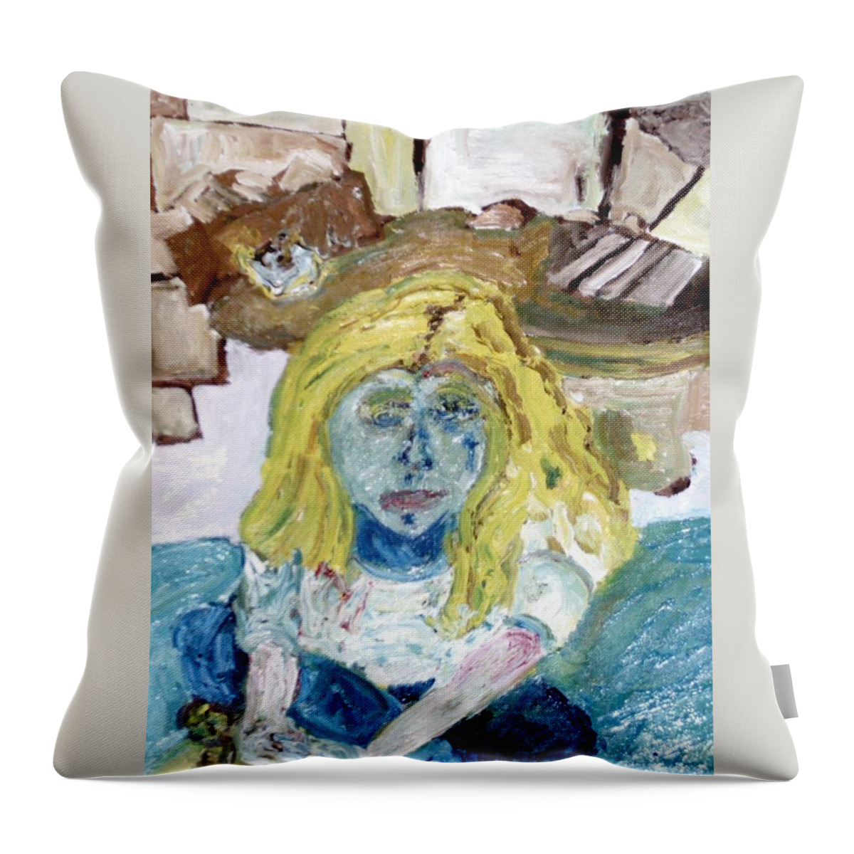 Girl Throw Pillow featuring the painting Little Girl Drawing by Shea Holliman