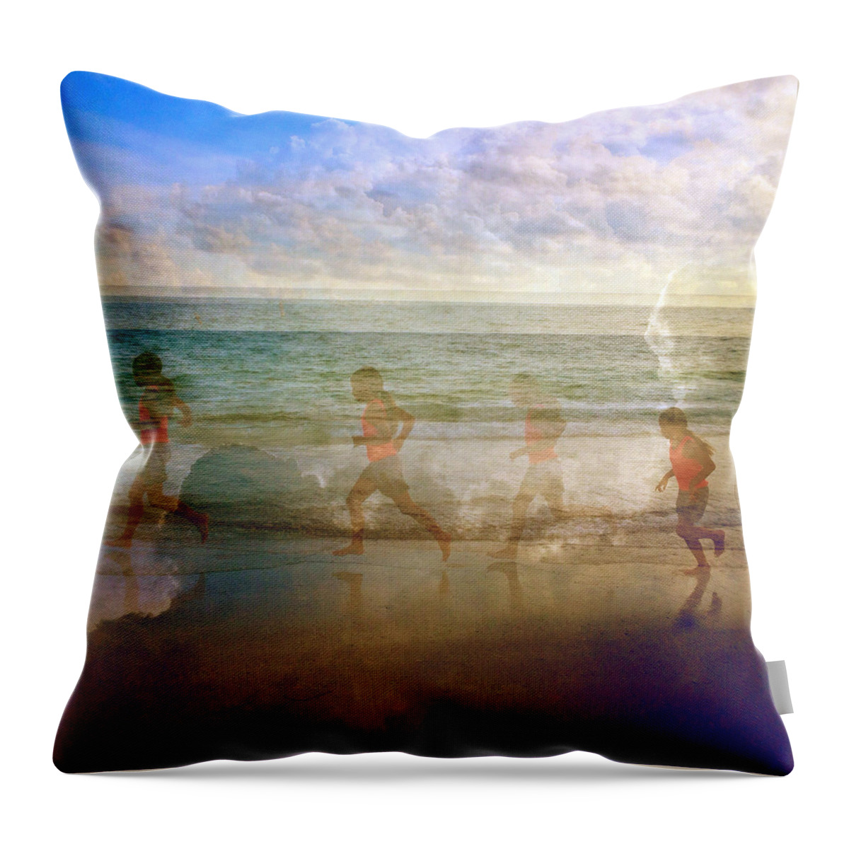 Running On The Beach Throw Pillow featuring the photograph Little Girl Running On The Beach by Skip Nall