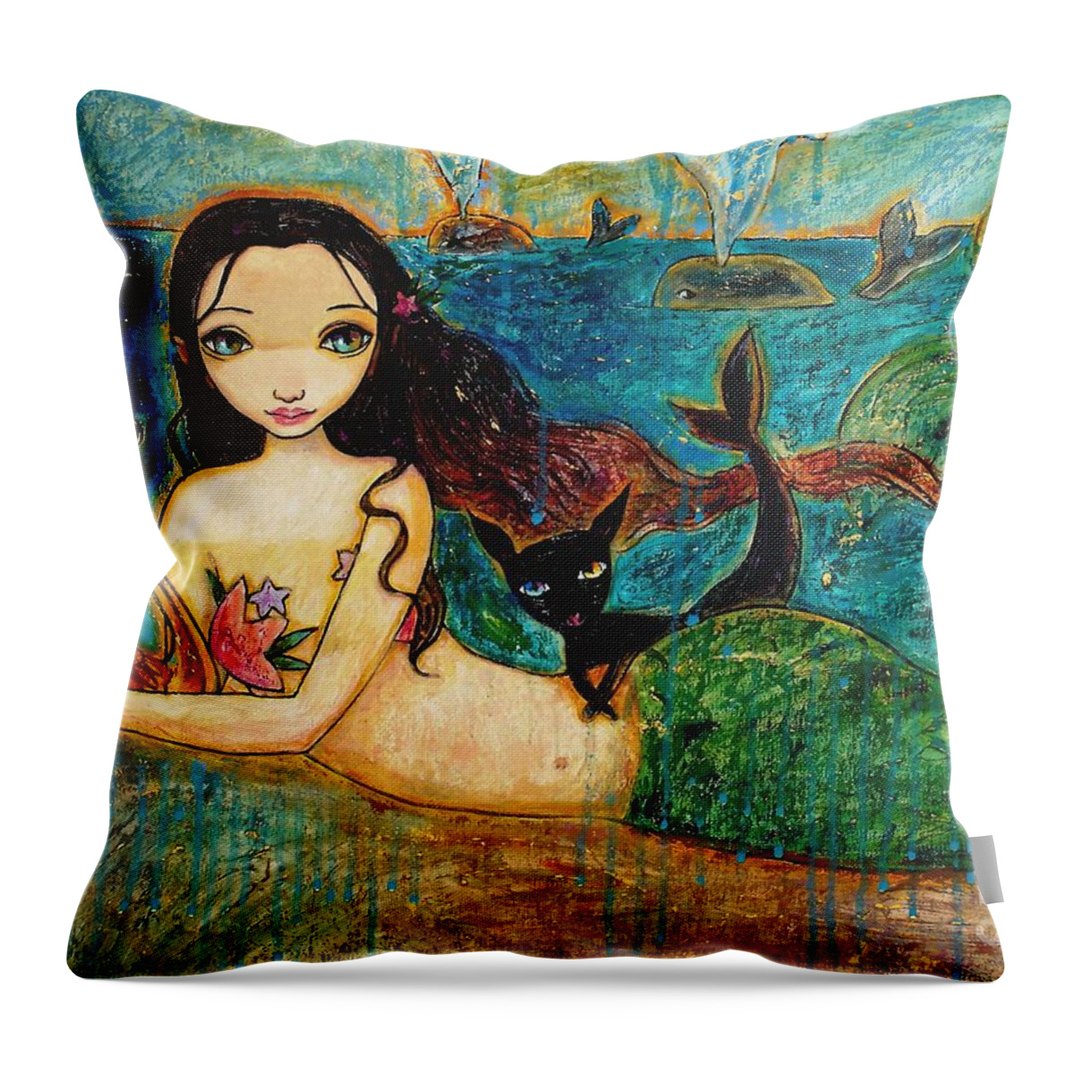 Mermaid Art Throw Pillow featuring the painting Little Mermaid by Shijun Munns
