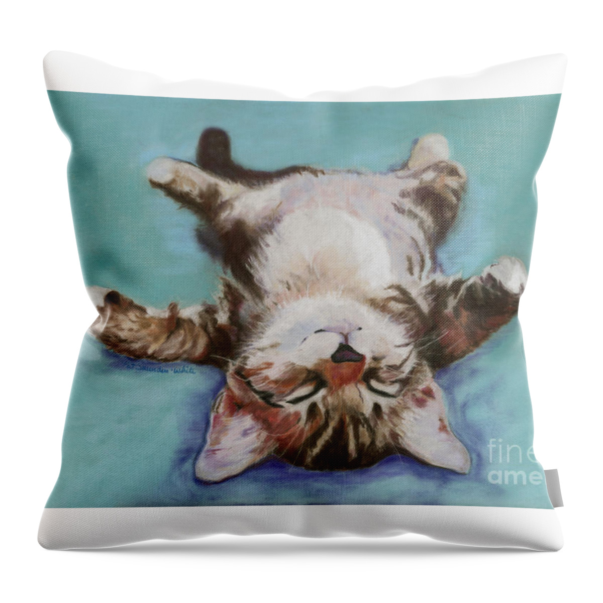 Cat Painting Throw Pillow featuring the pastel Little Napper by Pat Saunders-White