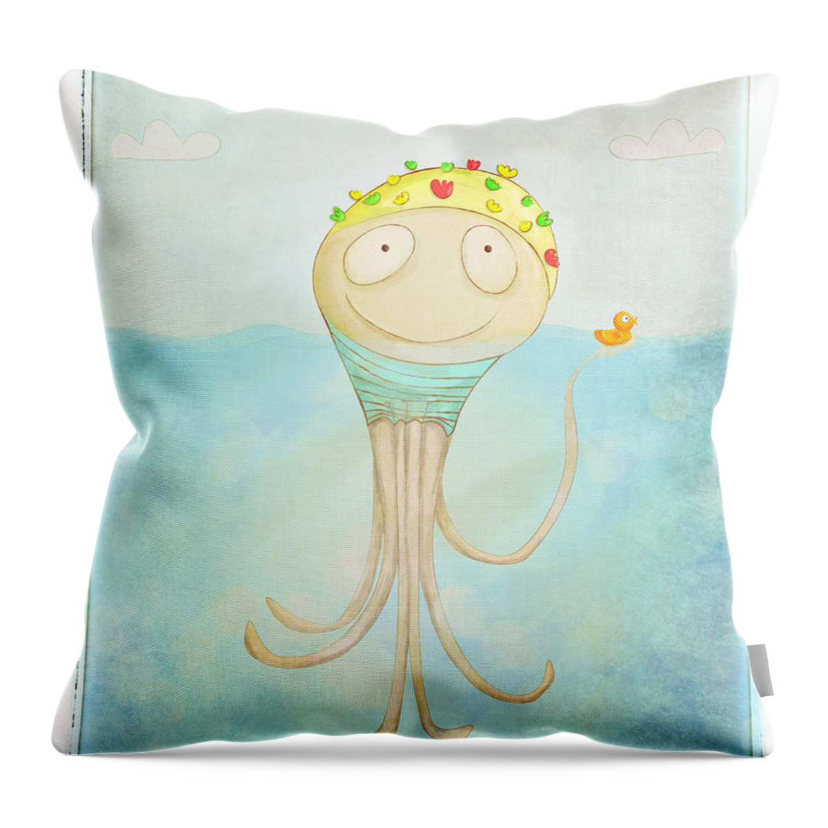 Octopus Throw Pillow featuring the digital art Little Octopus the Swimming Champ and his Rubber Ducky by Lenny Carter