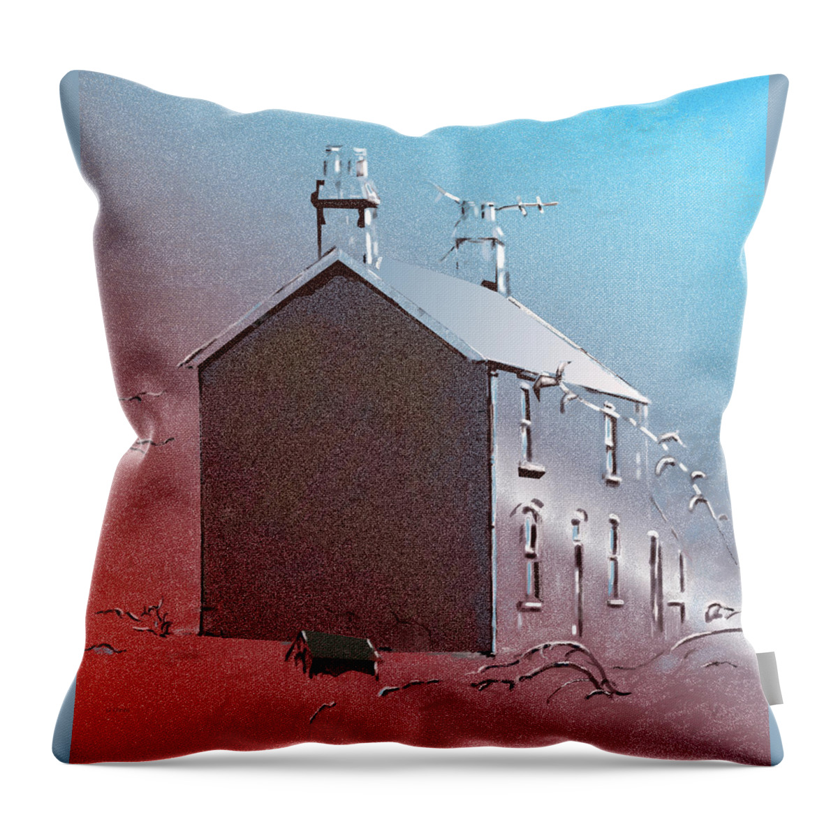 House Throw Pillow featuring the digital art Welsh House in Snow by Gillian Owen
