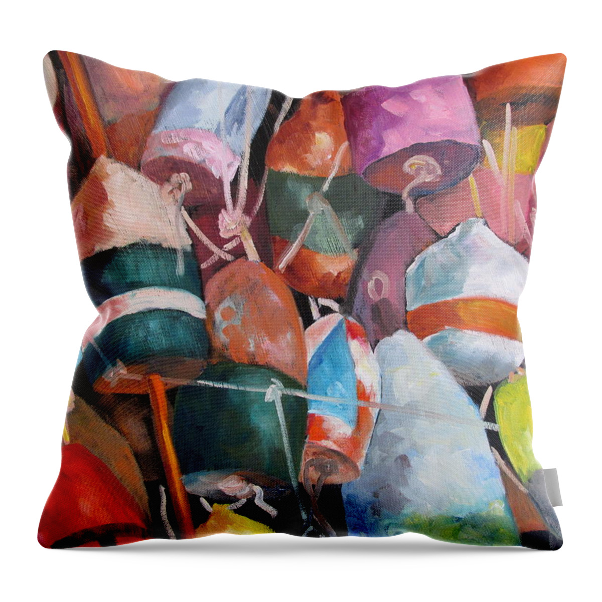 Lobsters Throw Pillow featuring the painting Lobster Trap Buoys by Susan Richardson